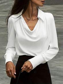 Classic White Button-Detail Regular Fit Cowl Neck Long Sleeve Shirt For Women,Fall Clothes ,Fall Dresses For Women ,Fall Outfits Women ,Autumn Clothes,Business Casual Woman ,Business Casual Outfits Women ,Business Casual , Vintage Clothes Women ,Vintage Clothes ,Business Casual Woman ,Office Outfits For Women ,Work Clothes Women - White - View 5