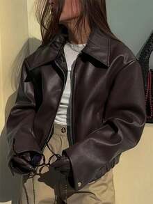 Plus Size Thermal Lined Faux Leather Jacket, Casual Zip-Up Outerwear Winter - Coffee Brown - View 1