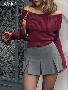 DONICY Suéter de punto de manga larga con estampado floral de hombro oblicuo y acanalado para mujer, cálido y cómodo, de estilo retro minimalista y versátil - Burdeos - Ver 5