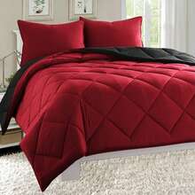 Elegant Comfort All Season Ultra Soft 3pcs Reversible Diamond Stitched Comforter Set, Down Alternative Breathable And Comfortable Quilt Luxury Hotel Quality 3 Piece Full/Queen, King/California King And Twin/Twin XL Size Bed Includes 1 Comforter And 2 Pillowcases Bedding Set, Christmas Decorations Gifts, Cozy Winter Styles, Holiday Décor - 黑色/酒紅色 - 查看 5