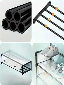 Estante de zapatos y sombreros de 5 niveles con ganchos para abrigos - Organizador de almacenamiento de entrada duradero y a prueba de polvo, fácil de ensamblar, estante multifuncional moderno para el hogar y el garaje, almacenamiento de garaje | Diseño de estante moderno | Estante montado en el suelo, organizador de almacenamiento de zapatos, ganchos de utilidad - Negro - Ver 5