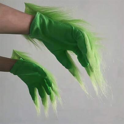 1 par de guantes de mano de monstruo verde de peluche, accesorio de disfraz de Halloween y Navidad, accesorio de fotografía de juego de roles