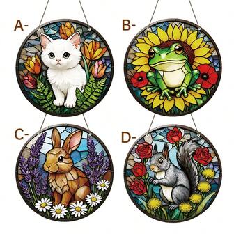 2D-platt målad glashängande dekor: Söt katt, groda, kanin och ekorremönster Rund akrylhängande dekor med hängande rep - 2D-platt fönsterkonstdekor, livfull blom- och djurkombinationsdesign, lämplig för hem, trädgård, veranda, vägg, kontorsinredning, målad glaseffekt