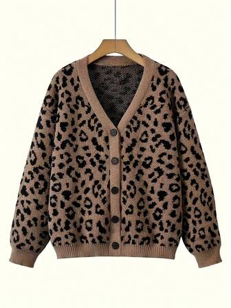 复古V领豹纹柔软针织开衫毛衣外套，百搭