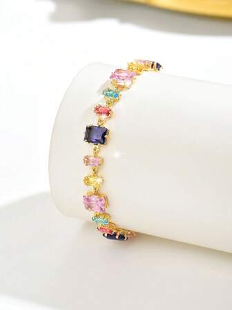 1pc Women's Colorful Zirconia Stone Bracelet, Featuring Multicolor Rectangular Zirconia Design, Vibrant Colors And Unique Style Convey Lively And Fashionable Vibe, Suitable For Music Festivals, Casual Gatherings And Parties