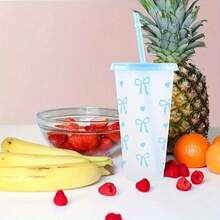 20/10 Pack 24oz Bow Plastic Cups With Straw And Lid, Pink Blue Reusable Travel Tumbler Cups, Heart-Shaped Pattern Iced Coffee Drink Cup, Suitable Birthday, Festival, Wedding, Anniversary And Party Supplies Valentine's Day,, Mother's Day, Halloween And Graduation Season Gifts - 藍色 - 查看 4