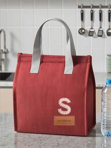 1pc Pearl Letter Pattern Canvas Tote Bag, Simple English Letter Solid Color DIY Handheld Insulated Lunch Bag, Lunch Box Bag, Thermal Lunch Bag, Large Capacity Insulated Lunch Tote Bag For Students, Office Workers, Waterproof, Oil-Proof - Multicolor - View 148