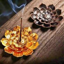 Juego de incienso de aleación premium: 1 quemador de incienso de loto + bandeja + soporte para varillas - Adecuado para el hogar y amantes de la meditación - Cobre - Ver 6