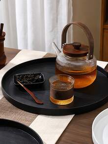1pc/2pcs Plastic Server Tray, 11.8 Inch Round Service Tray, Non-Slip Restaurant Service Tray, Buffet Dining Tray, Coffee Table Tray, Christmas Decor, With Non-Slip Wood Grain Lining (Black/Brown) - Multicolor - View 4