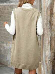 Solid Color Fashionable Streetwear Sleeveless Round Neck Vest Top With Button Design Sweater
