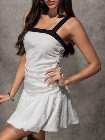 Elegant Contrast Color Jacquard Spaghetti Strap Ruffle Mini Dress