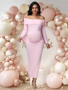 JustVH Maternity Dress Bell Sleeves Ruched Bodycon Maxi Elegant Pregnancy Dresses New Year Baby Shower Photoshoot - Pink - View 5
