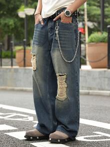 Men's Distressed Washed Loose Fit Straight Leg Jeans, Casual Street Style Baggy Trousers, All Season - Blue - View 3