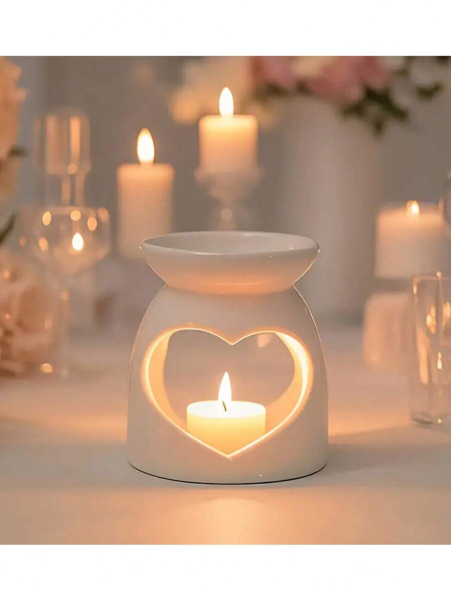 1/2pc Elegant White Ceramic Heart-Shaped Tealight Candle Holder - Aromatherapy Burner And Wax Melter, Suitable For Home, Party Decor, Office Or Valentine's Day Decor - Perfect Housewarming/Valentine's Gift (Candles Not Included) - Durable Ceramic Material, Desktop Decor, Cozy Ambiance Design - Multicolor - View 1