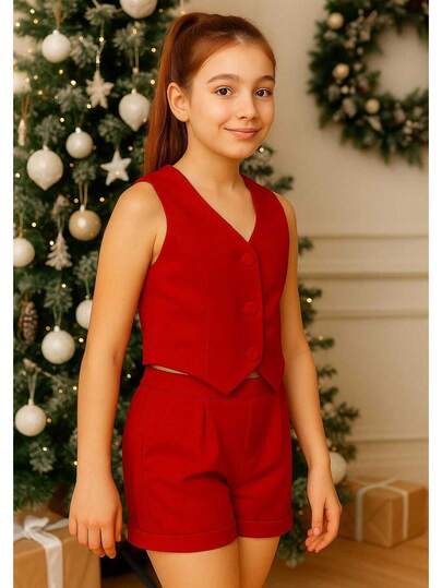 Conjunto Feminino Juvenil com Colete – BOTOES TRANSPARETES Roupa Menina Pré-Adolescente, Short Alfaiataria , 2 Peças Elegante roupa natal