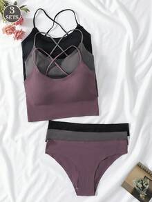 3件套女士透气交叉露背无钢圈文胸套装 - 彩色 - 查看 2