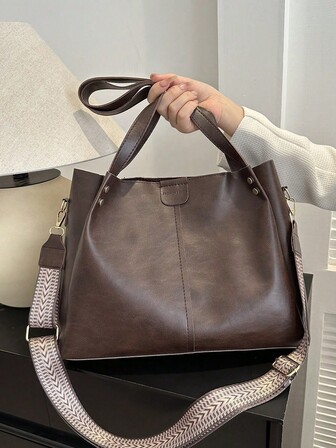 新款优雅拼接PU皮革手提包，大容量可折叠手提包，适合女性日常通勤、度假休闲，也是送给妈妈的绝佳礼物