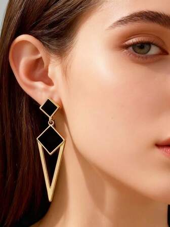 1 par de pendientes colgantes elegantes y de lujo con diseño geométrico de tono negro y dorado, chapados en oro de 18 quilates para mujeres