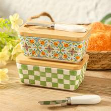 创意乡村风格陶瓷黄油盒，复古家庭厨房奶酪/黄油储存容器，带盖黄油碟，带黄油刀的陶瓷黄油碟，台面黄油罐，黄油容器，家庭厨房的完美礼物