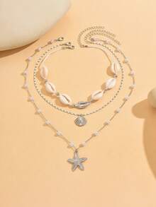 3件套手工贝壳编织绳项链套装，银色时尚海星和扇贝吊坠，优雅浪漫，适合日常佩戴、海滩约会、派对。手工绳长定制，仿珍珠数量不一 - 彩色 - 查看 2
