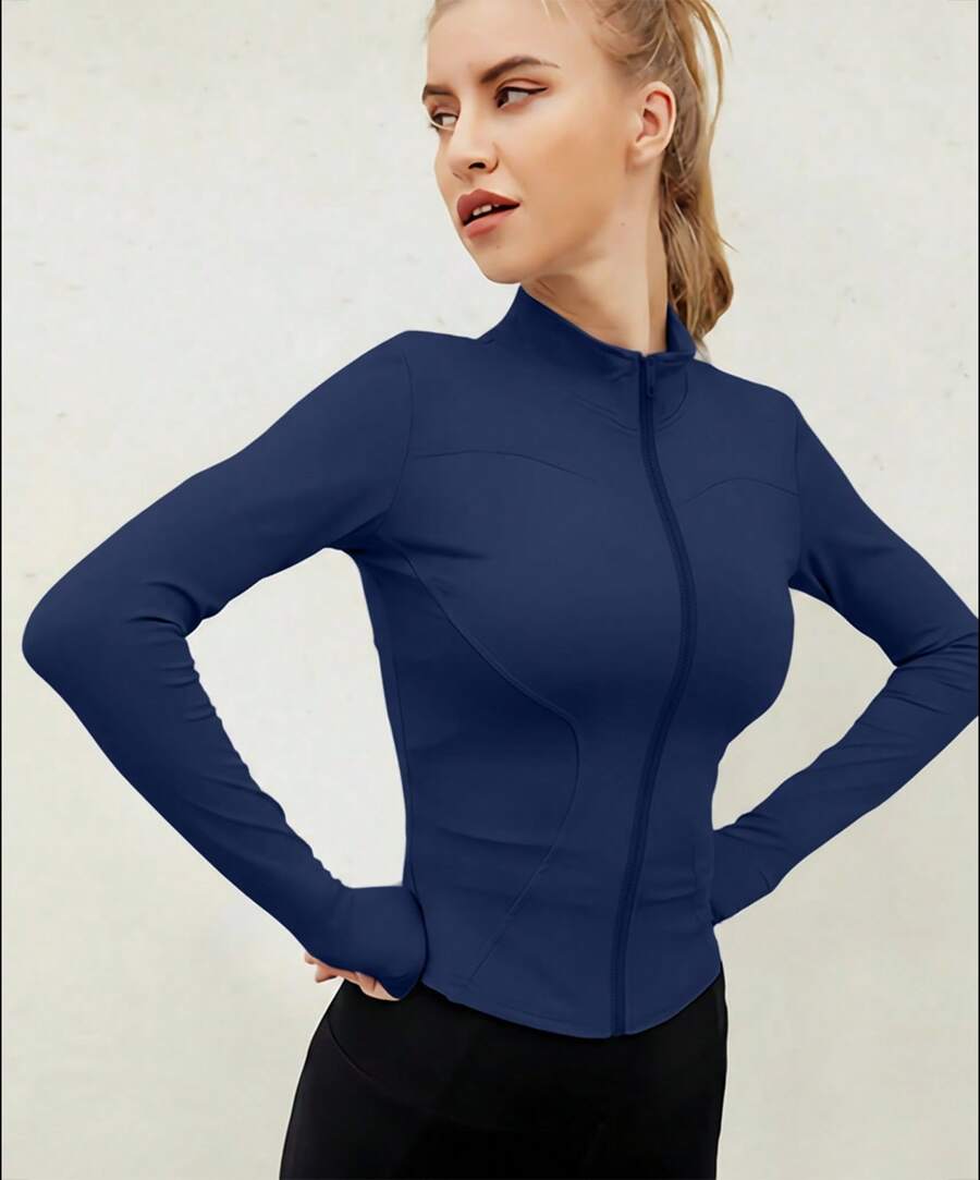 Chaqueta deportiva de manga larga con cremallera de color liso para mujer, corte ajustado y puños con abertura para el pulgar, ideal para fitness, yoga y running. - Azul Marino - Ver 1