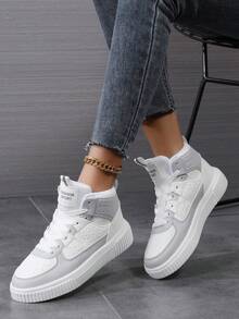Neue Mode Lässig Damen Sneaker, Schnürung leichte Plateau Lässig Flats Schuhe für Damen, vielseitige High-Top Sportliche Trainingsschuhe Frau - Grau - Übersicht 1