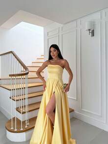 Strapless Party Dress With Cross-Back Closure - Yellow - View 1