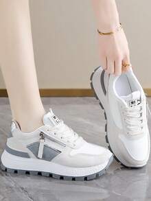 Net Surface Leather Upper Patchwork Dad ShoesWomen's Fashion Casual Sneakers - Breathable & Comfortable, Low-Top Lace-Up Running Shoes With Striped Design, Versatile For All Seasons, Available In White/Green, Light Pink/Blue, Black/White, And Dark Blue/Blackbasket Femmechaussure Femmebaskets Femmes - Grey - View 2