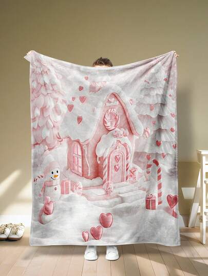 1 Stück Weihnachts-Rosa Süßigkeitenhaus Flanell Decke: Warmes Schneemann Muster, kuschelige Winter Heilungs-Flanell Decke, moderne Polyester rechteckige Decke geeignet für verschiedene Anlässe