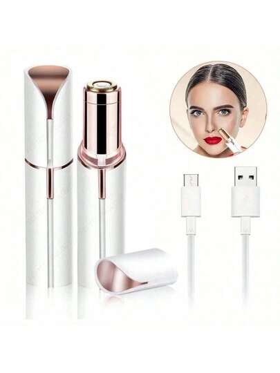 Removedor de vello facial indoloro para mujeres - Dispositivo eléctrico con cabezal de doble anillo para eliminar el vello suave en la cara y los labios, luz LED, chapado en oro de 18K, diseño compacto y pequeño