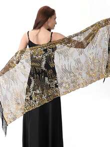 New Luxury Sequin Embroidered Tassel Shawl, Suitable For Wedding, Banquet, Ball, Party, Cheongsam, Floral & Paisley Print, Polyester, All Season