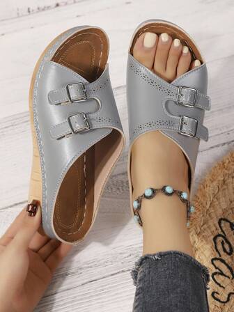 Sandalias de cuña con plataforma bordada de doble botonadura para mujer, de unicolor suave, para playa, fiesta, resort, moda elegante, boda, casual, sexy y uso al aire libre, con hebilla, fondo grueso, verano