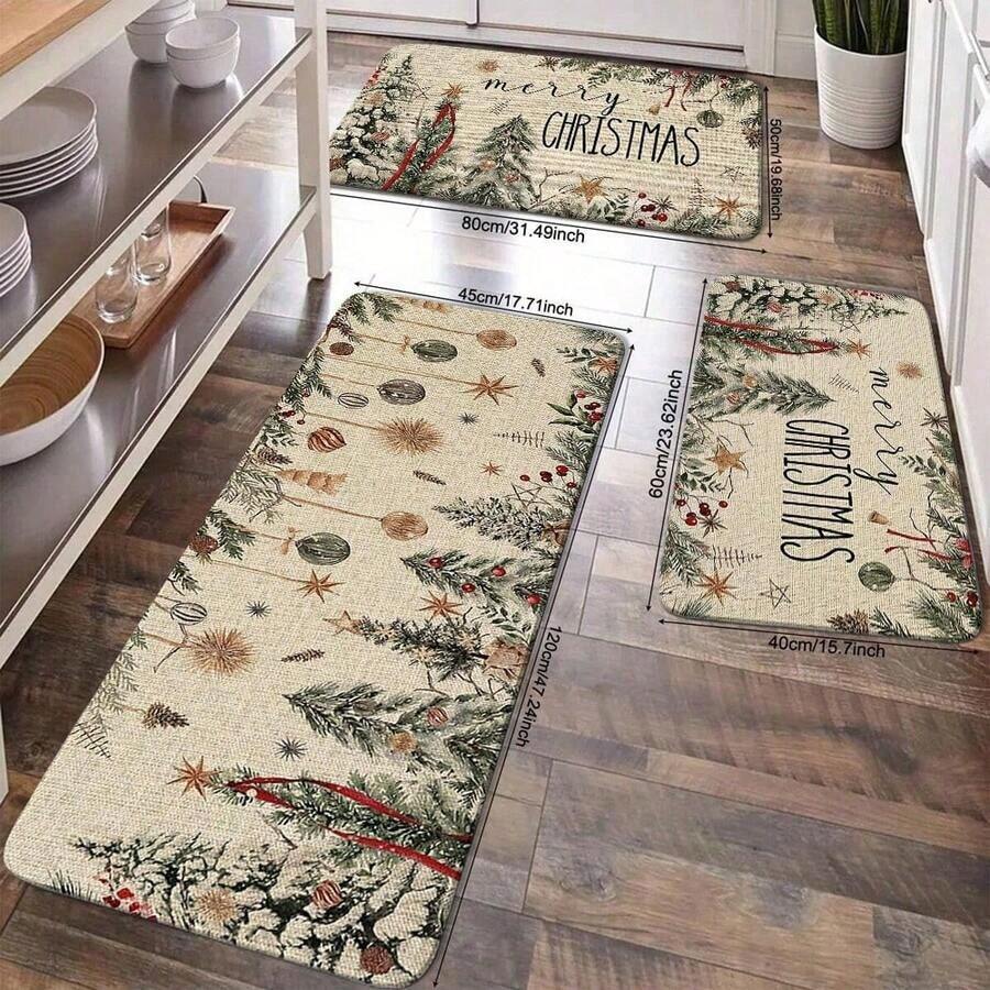 1/2/3pcs Christmas Kitchen Carpet, Christmas Element Decorated Floor Mat, Anti-Slip Christmas Kitchen Floor Mat, Thickened Flannel Material Soft, Comfortable, Easy To Clean, Suitable For Kitchen, Bedroom, Living Room, Door, Bathroom Entrance, Laundry Room