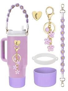 5 件/1 件硅胶保护套、防摔防刮硅胶套、防滑硅胶保护套、配套手工编织运动水壶带、心形自粘挂钩、花朵和 26 个字母吊坠标记、带肩带的瓶架、手工编织挂绳、硅胶支架、适合 8-40 盎司水瓶、耐用防撕裂、适合日常使用、家庭聚会、旅行和派对