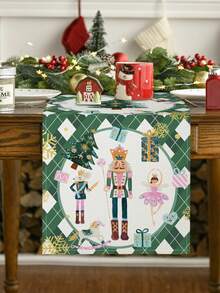 Caminho de mesa de linho natalino, 1 peça/15 peças, caminho de mesa verde com estampa de quebra-nozes e princesa, Feliz Natal, adequado para casa, restaurante, decoração de mesa de jantar