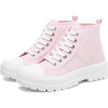 Women's White Platform Sneakers Fashion High Top Canvas Shoes For Women Black Lace-Up Canvas Sneakers Casual Platform Tennis Shoes - 米色 - 查看 7