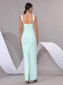 Nuevo vestido elegante de gala con cuello cuadrado, tirantes de espagueti y espalda descubierta, con decoración floral 3D hecha a mano, con perlas y cristales brillantes, vestido de vendaje maxi para mujer, adecuado para fiesta de cumpleaños, cena formal, carnaval, Pascua - Celeste - Ver 7