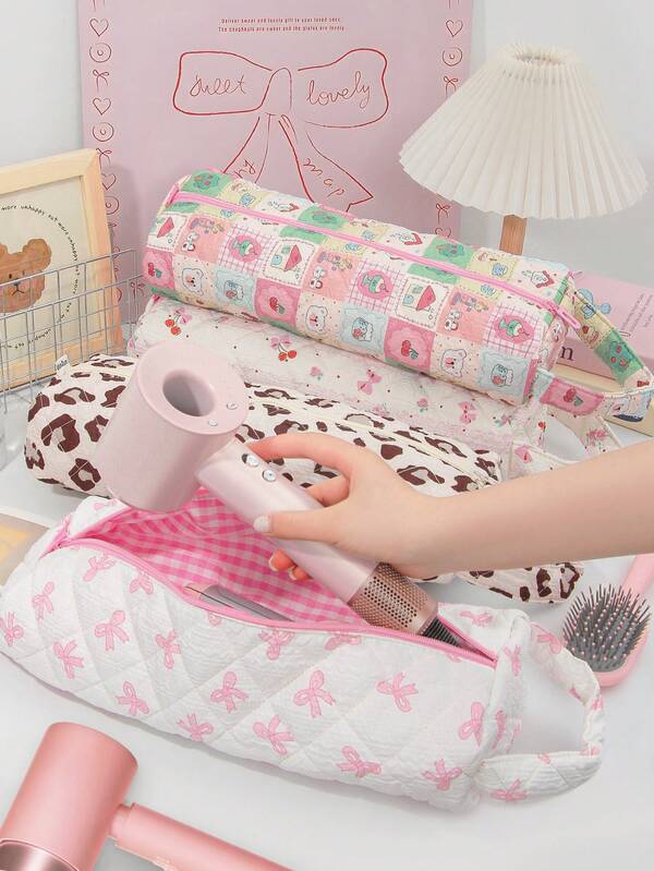 قطعة واحدة حقيبة تخزين مكياج ذات سعة كبيرة بنمط فيونكة وردية جميلة، حقيبة منظم لأدوات تصفيف الشعر مثل مكواة الشعر بطبعة نمر أنيقة، مقاومة للحرارة مبطنة بالرغوة لتخزين أدوات تصفيف الشعر