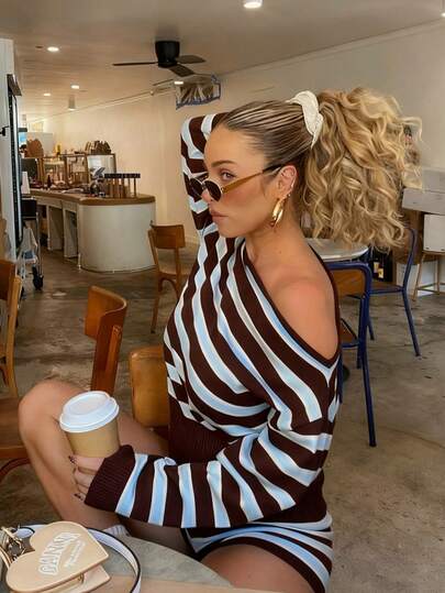 MORI Winter Slanted Collar Long-Sleeve Striped Color-Block Knit Sweater For Women, New Winter Fashion, Casual Everyday Elegant Stylish Pullover, Versatile Design, Christmas And New Year Sweater Top