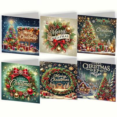 Set van 6 Diamond Painting-wenskaarten, DIY-kerstkaart met besneeuwd landschap - inclusief 6 enveloppen, hoogwaardig kraftpapier, creatieve mozaïekkaart. Geschikt als een zegen voor de feestdagen of als cadeau om warmte en de beste wensen over te brengen.