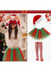 3 件套圣诞派对帽、芭蕾舞裙、红白及膝袜、圣诞角色扮演派对女性成人服装套装 - 綠色 - 查看 3
