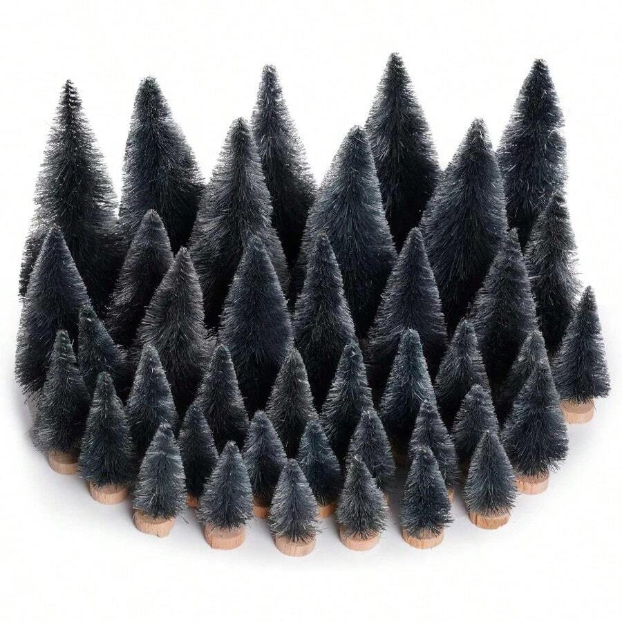 D40Pcs Mini Pine Trees Artificial Mini Trees With Wood Base Sisal Trees Bottle Brush Trees Assorted Color For Christmas Decoration Winter Ornaments DIY Crafts Black - Black - View 1