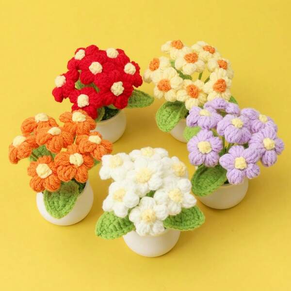 1pc Handmade Knitted Puff Flower Potted Plant, Cotton Yarn Material, Multi-Layer Petals Design, Flexible Stem, Suitable For Birthday Blessing, Office Decor, Housewarming Gift, Desktop Healing