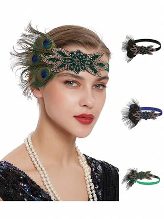 1Pc 1920s Gatsby Flapper Feather Headband 20s Accessories Roaring 20s Headpiece With Peacock Feather