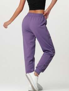 女士冬季保暖抓绒运动裤 - 高腰弹力腰带运动休闲裤，适合跑步、瑜伽等运动 - 紫色 - 查看 5