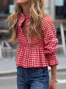 Women's Casual Vintage Street Style Ruffle Hem Plaid Shirt, Spring/Summer - Red - View 5