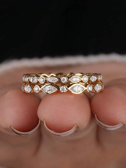 1 pieza Anillo de boda de corte redondo, anillo de eternidad parcial, anillo de diamantes apilable con un solo diente, anillo de boda