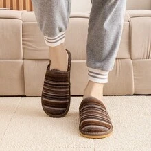 Women's Bohemian Style Autumn Fabric Brown Striped Slippers, Japanese Non-Slip Warm Indoor Slippers For Couples - Brown - View 5