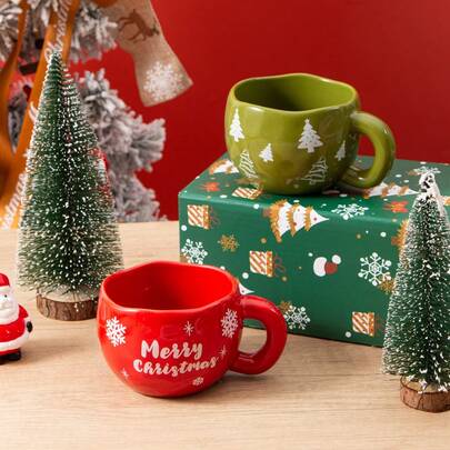 1pc 285ml/9.5oz Cute Snow Coffee Mug, Merry Christmas Design Ceramic Matcha Cup, Asymmetrical Hand-Kneaded Hot Chocolate Mug Tea Cup For Latte, Cocoa, Aesthetic Winter Christmas Mug Couple Cup For Christmas And New Year Gift