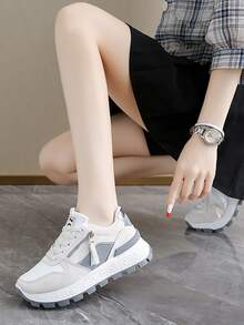 Net Surface Leather Upper Patchwork Dad ShoesWomen's Fashion Casual Sneakers - Breathable & Comfortable, Low-Top Lace-Up Running Shoes With Striped Design, Versatile For All Seasons, Available In White/Green, Light Pink/Blue, Black/White, And Dark Blue/Blackbasket Femmechaussure Femmebaskets Femmes - Grey - View 16